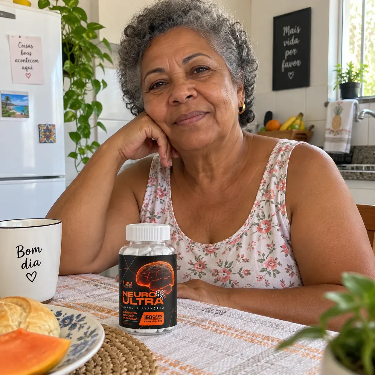 Mulher com o frasco NeuroUltra sobre a mesa do café da manhã