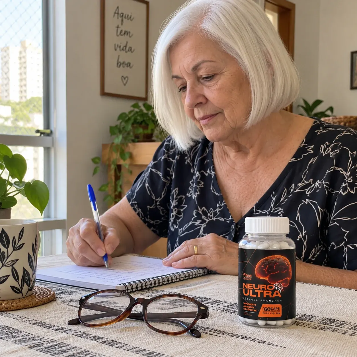 Mulher lendo um caderno com o frasco NeuroUltra ao lado dos óculos